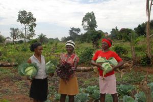 Grace Mirembe, Grace Mwebaze en Hope die blij zijn met hun oogst