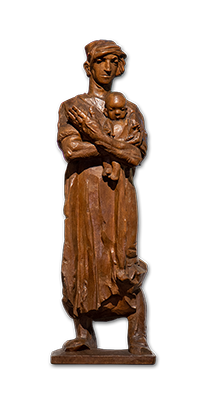 Jozef met Jezus, houten beeld in de Sint-Janskathedraal van s-Hertogenbosch; Wat opvalt zijn de grote 'werkmanshanden'